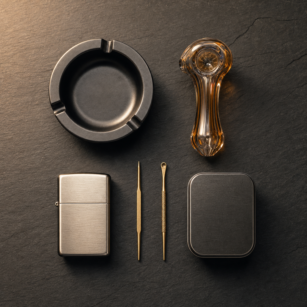 Smoking accessories flat lay on slate — ashtray, pipe, lighter, tools