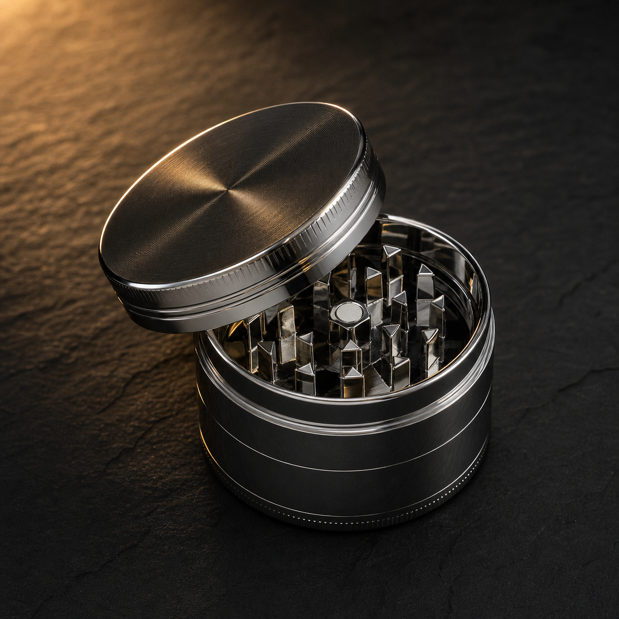 Premium 4-piece metal herb grinder on slate