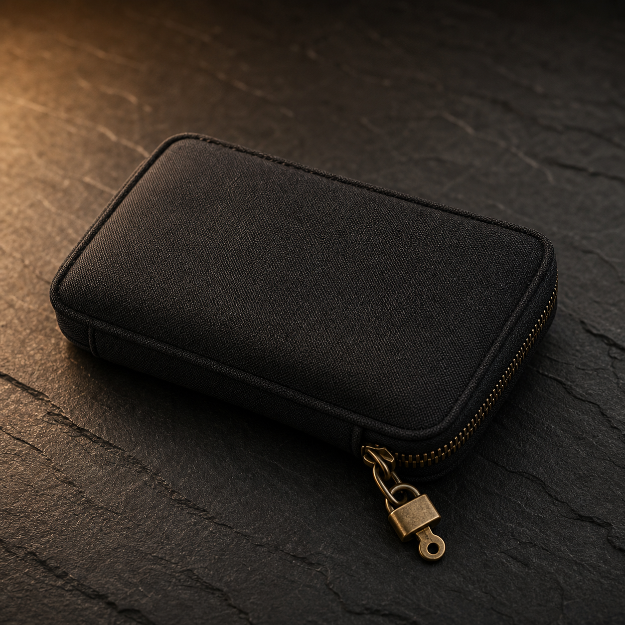 Smell-proof storage pouch with brass lock on slate