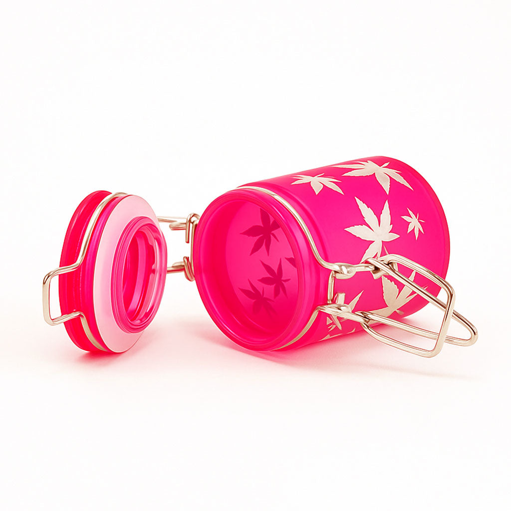Pink silver-leaves stash jar, lying view, 2.5 inch – Online Smoke and Vape