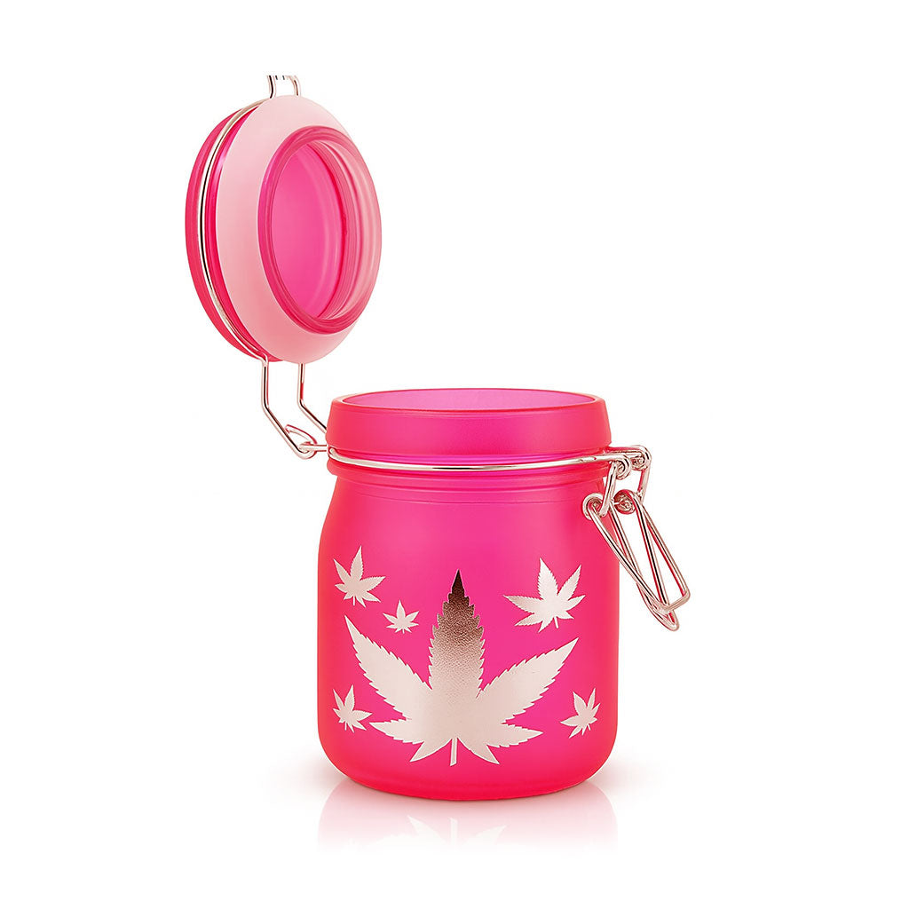 Pink glass silver-leaves stash jar with clamp lid, fully open, 3.5 inch – Online Smoke and Vape