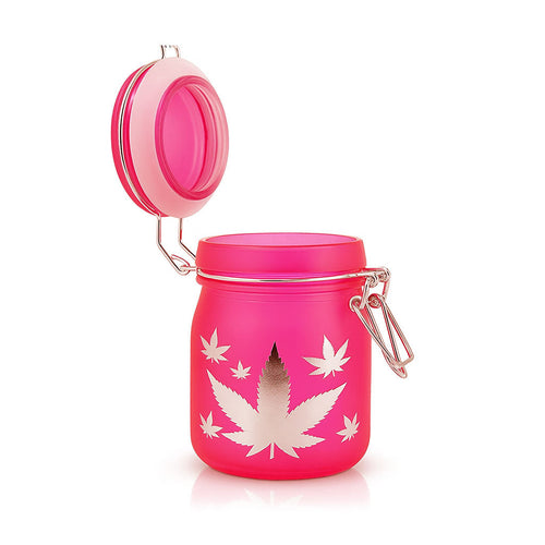 Pink glass silver-leaves stash jar with clamp lid, fully open, 3.5 inch – Online Smoke and Vape