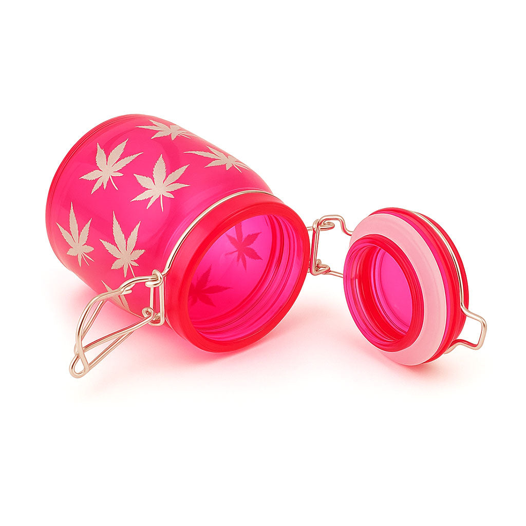 Pink silver-leaves stash jar, lying view – Online Smoke and Vape