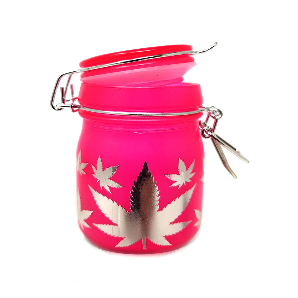 Pink silver-leaves stash jar, partially open lid – Online Smoke and Vape