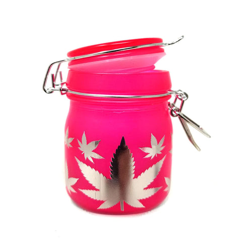 Pink silver-leaves stash jar, partially open lid – Online Smoke and Vape