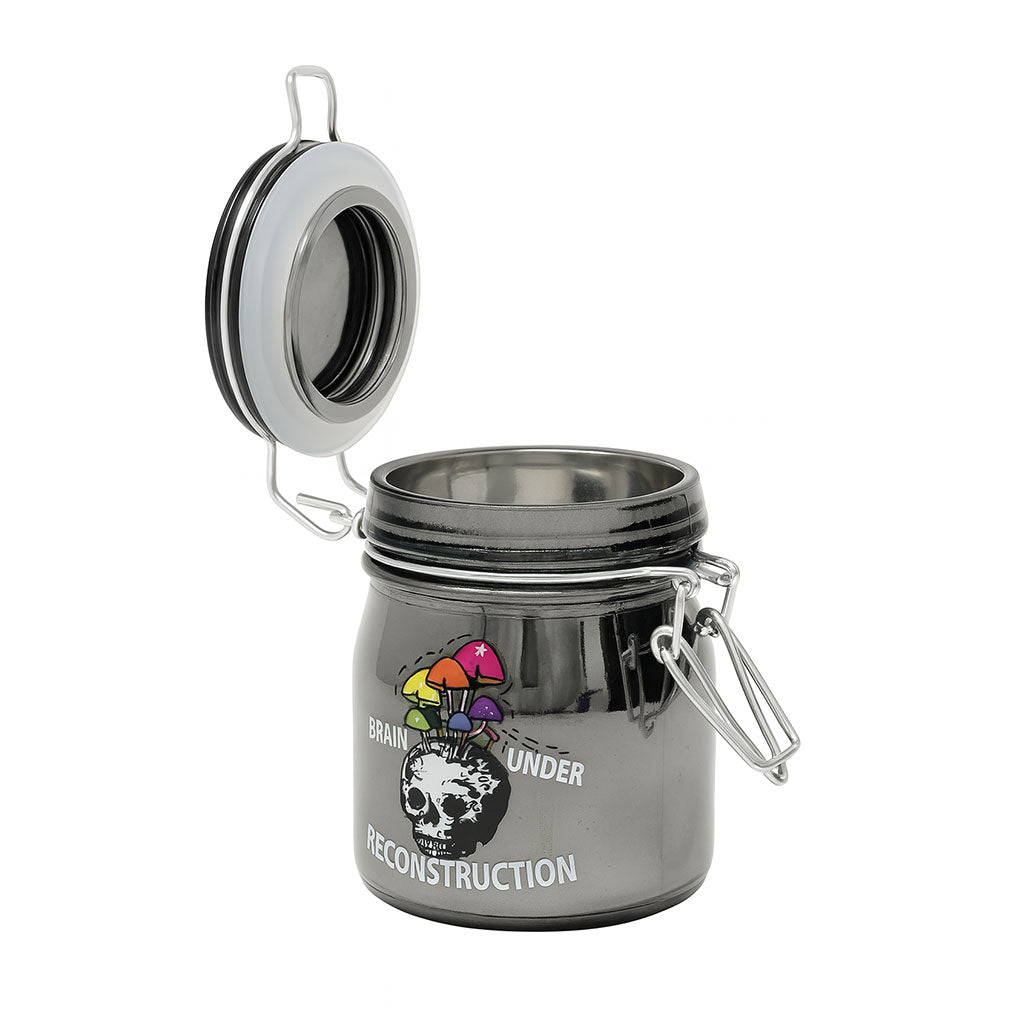 Grey Brain Under Reconstruction stash jar, open lid view – Online Smoke and Vape