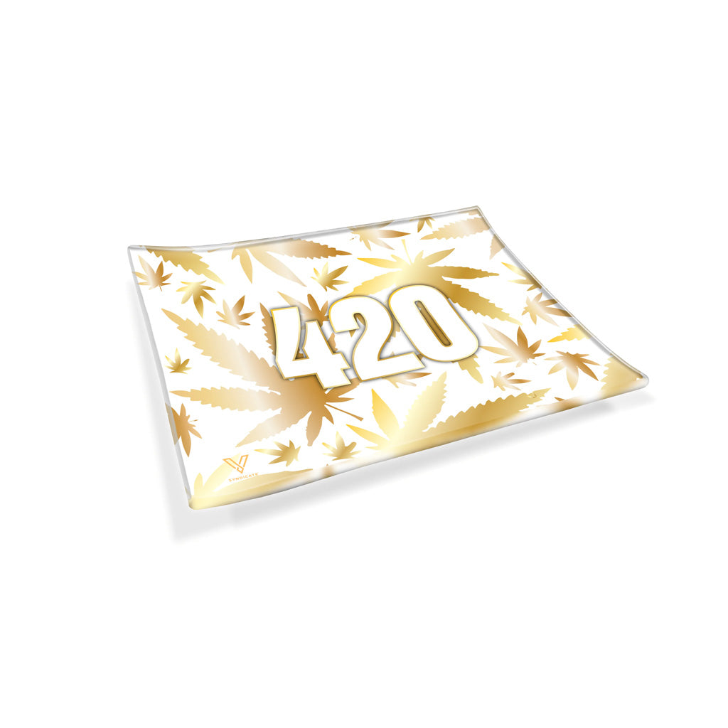 Gold 420 leaf-pattern glass rolling tray, angled view – Online Smoke and Vape