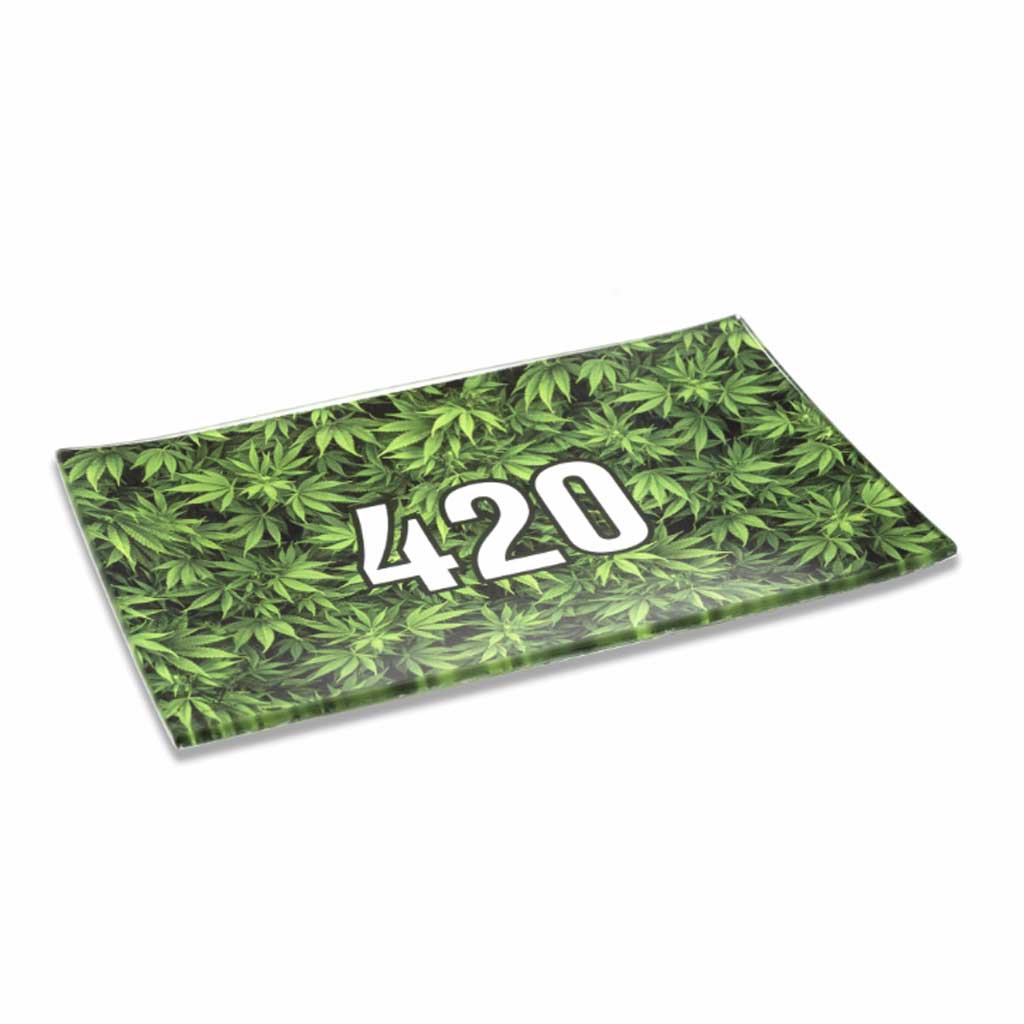 Green 420 leaf-pattern glass rolling tray, angled view – Online Smoke and Vape