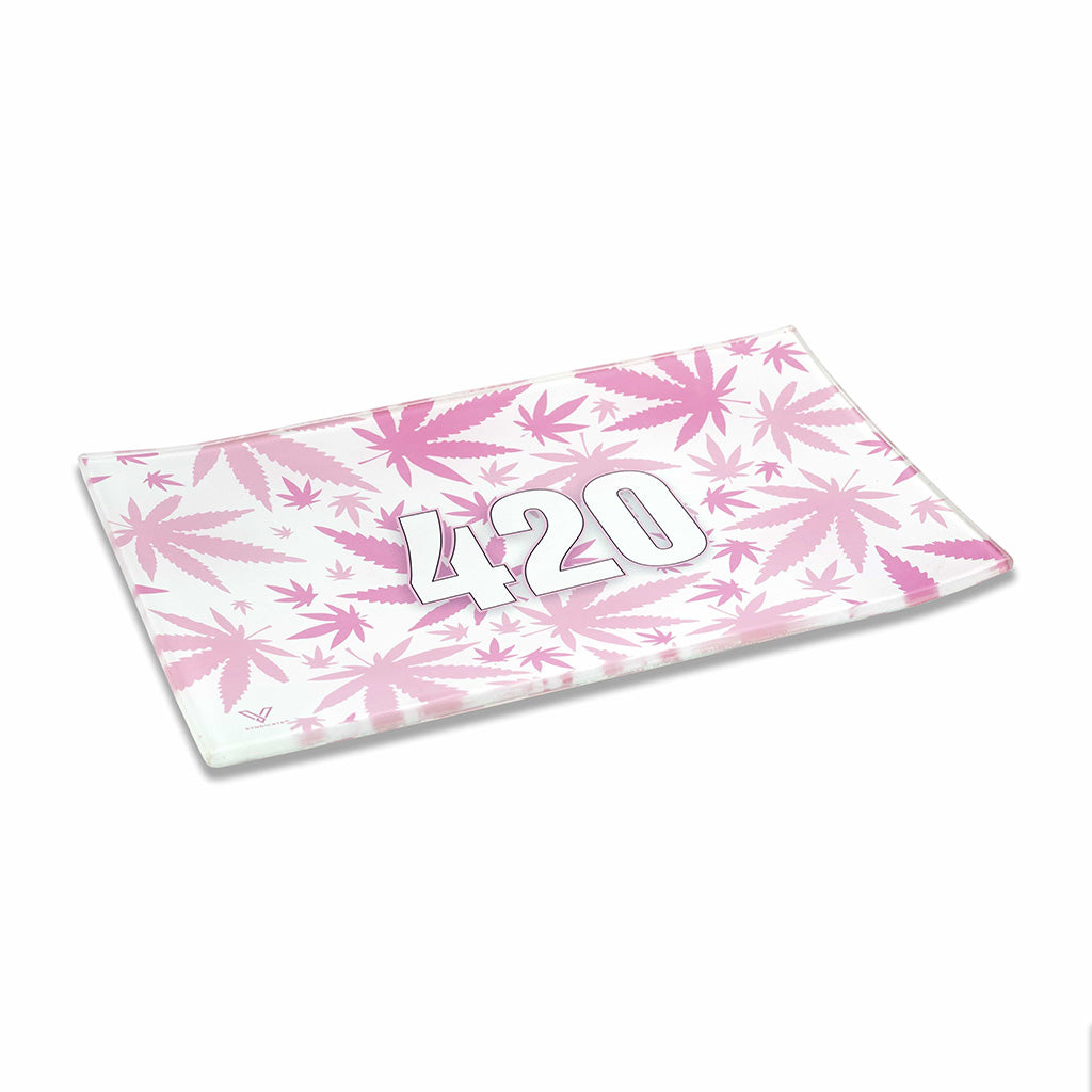 Pink 420 leaf-pattern glass rolling tray, angled view – Online Smoke and Vape