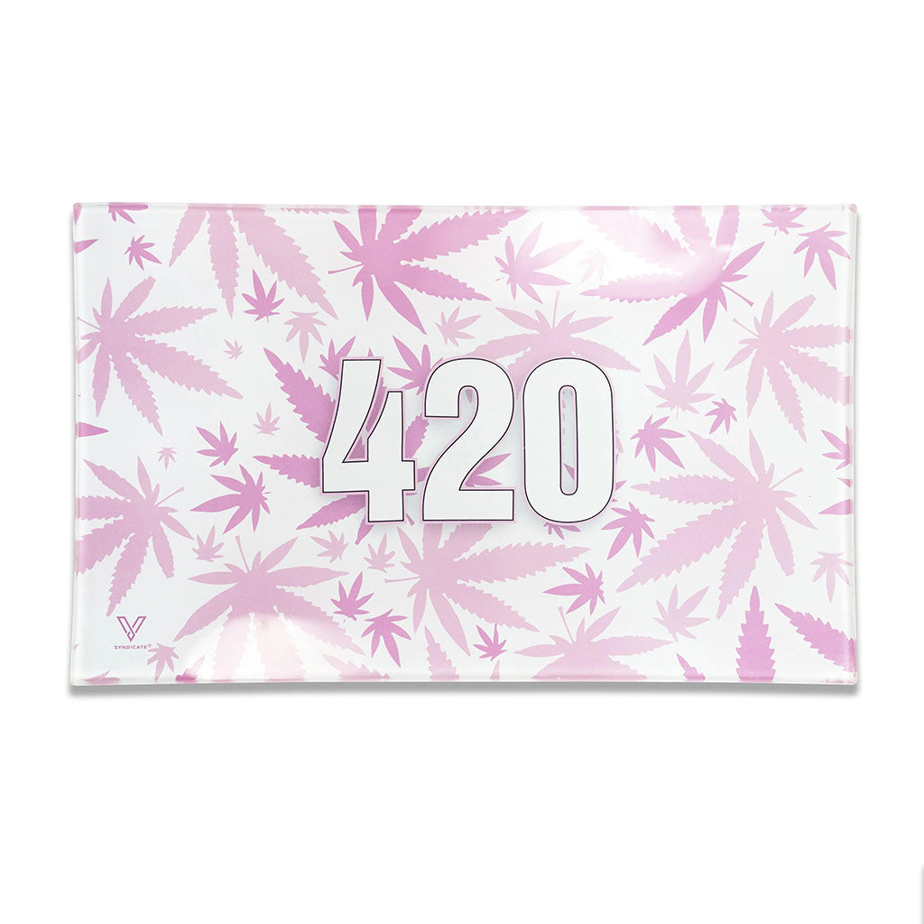 Pink 420 leaf-pattern glass rolling tray, top view – Online Smoke and Vape