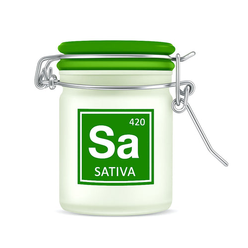 Frosted glass airtight storage jar, 420 Sativa periodic-symbol design – Online Smoke and Vape