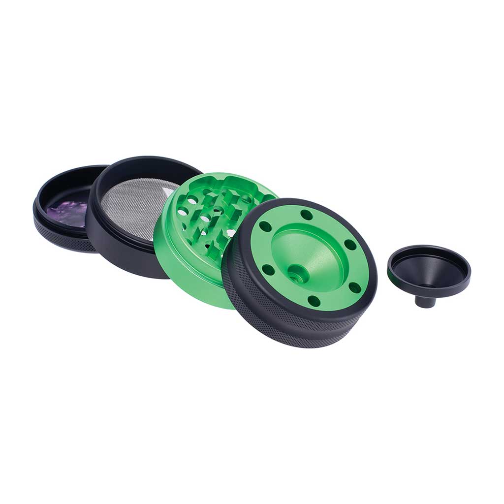 Green aluminium grinder with cone holder and funnel, 4 parts – Online Smoke and Vape
