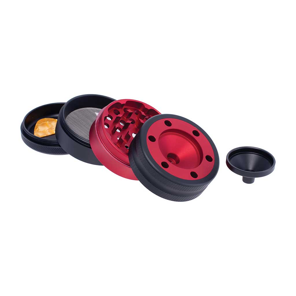 Red aluminium grinder with cone holder and funnel, 4 parts – Online Smoke and Vape