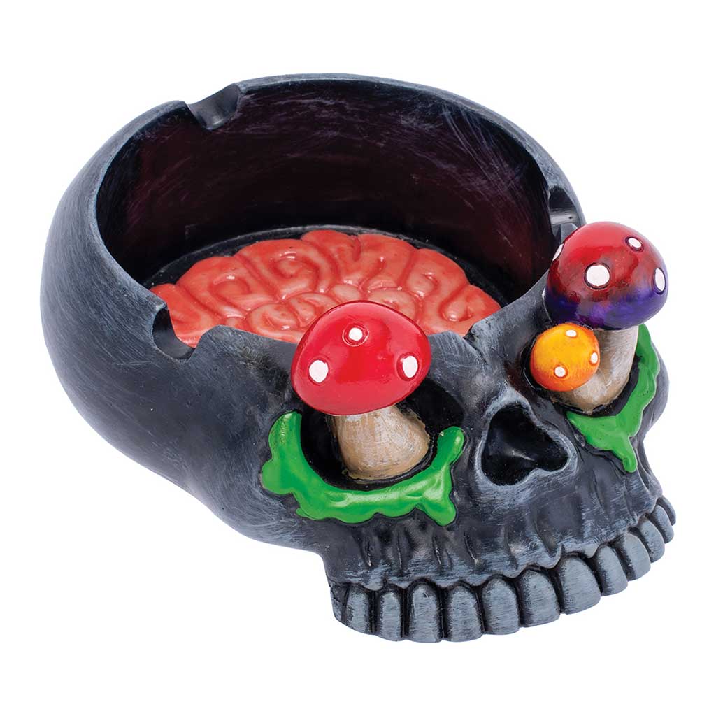 Black skull pink brain mushroom-eyes resin ashtray, angle view – Online Smoke and Vape