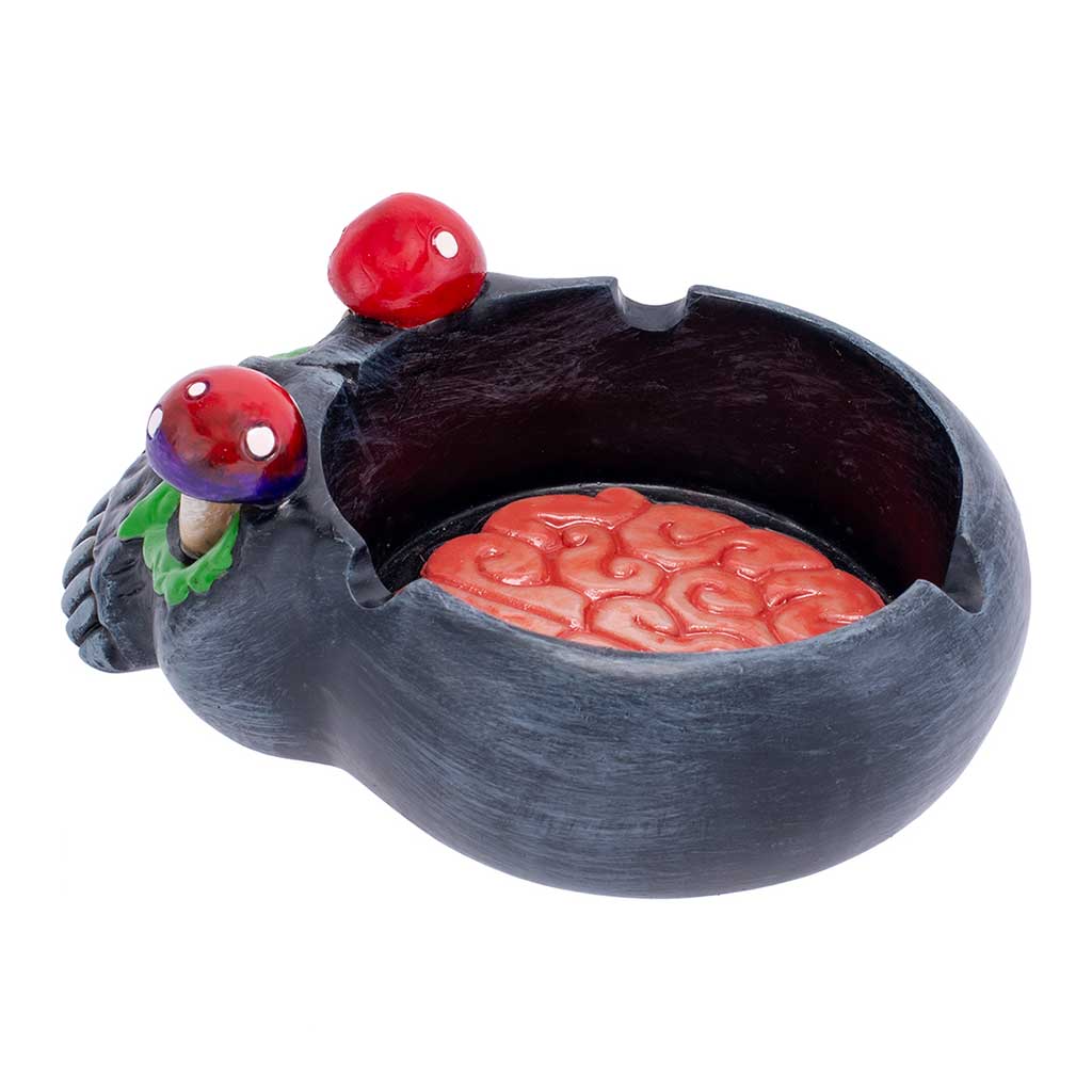 Black skull pink brain mushroom-eyes resin ashtray, side view – Online Smoke and Vape