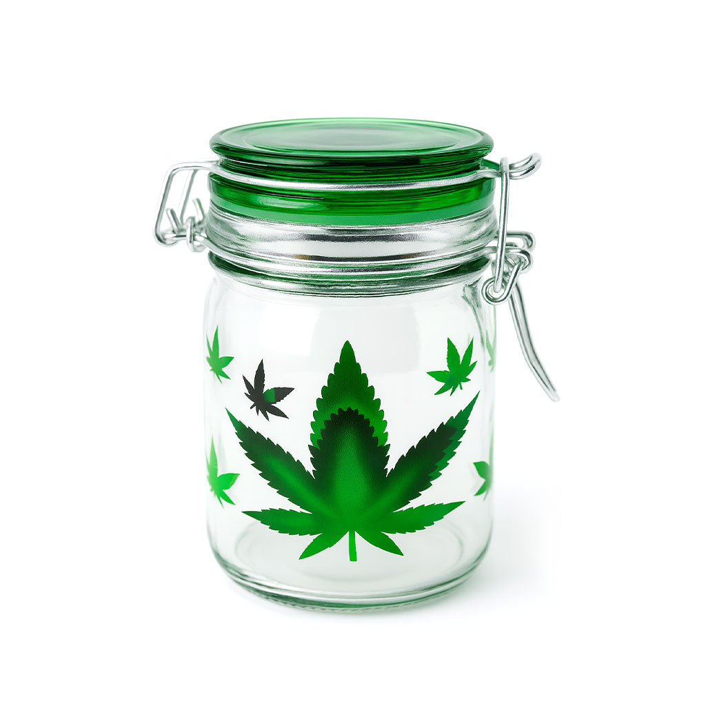 Metallic silver airtight glass green leaf storage container – Online Smoke and Vape