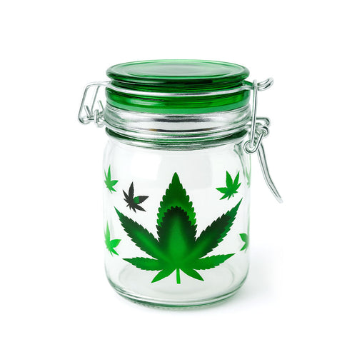 Metallic silver airtight glass green leaf storage container – Online Smoke and Vape