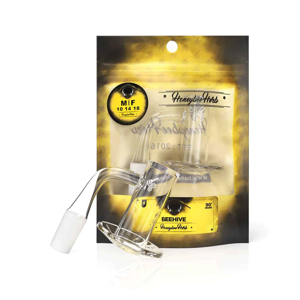 Beehive 90° yellow-line quartz dab banger, side view – Online Smoke and Vape