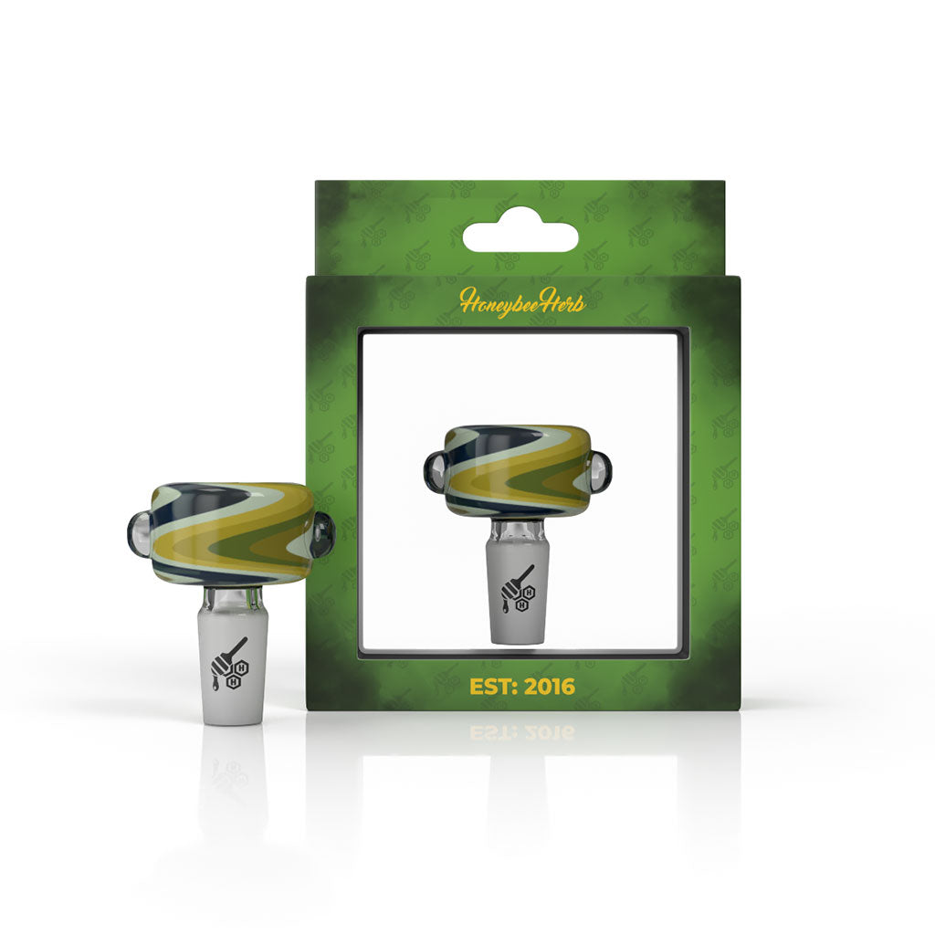 Blue and yellow Basin zig zag flower bowl, packaging view – Online Smoke and Vape