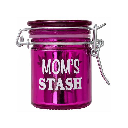 Pink airtight glass Mom's Stash storage jar, closed front – Online Smoke and Vape