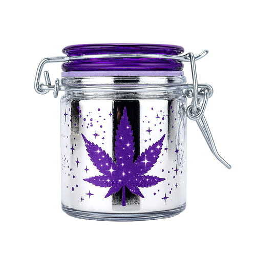 Metallic silver and purple leaf galaxy airtight glass storage jar, 2.5 inch – Online Smoke and Vape