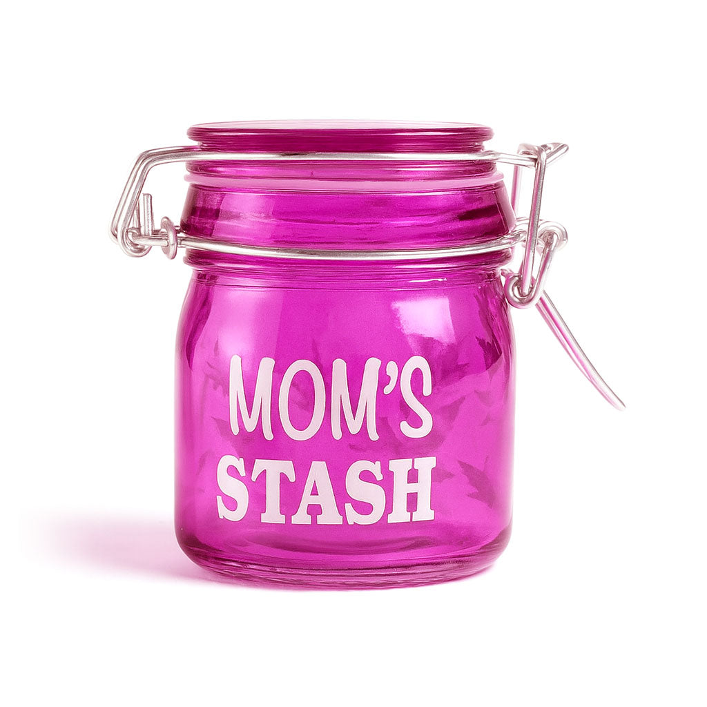 Mom's Stash glass storage jar, closed front view – Online Smoke and Vape
