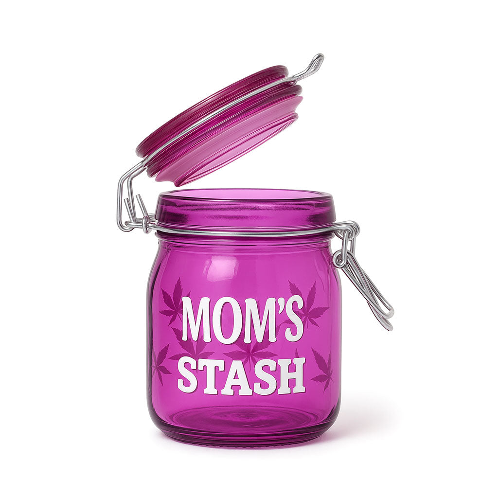 Mom's Stash glass storage jar, lying open lid – Online Smoke and Vape