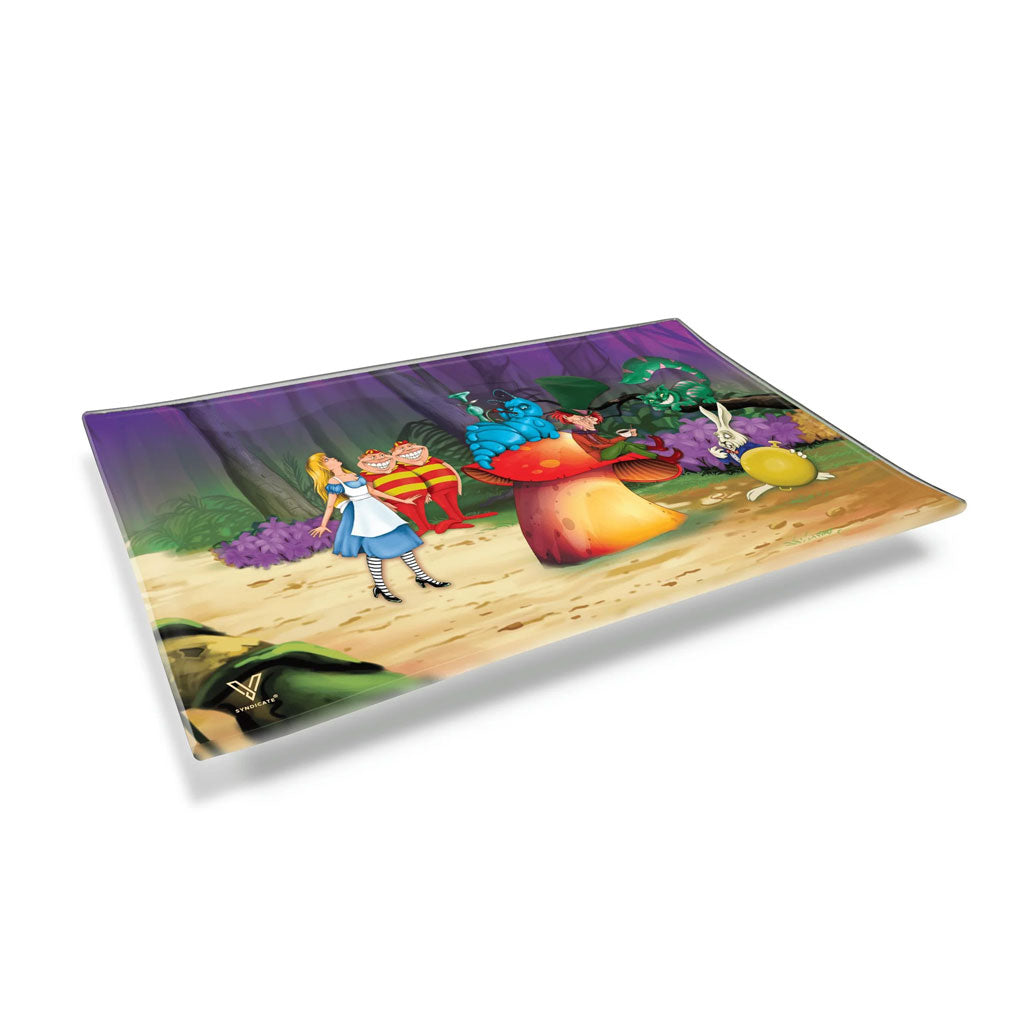 Alice mushroom print glass rolling tray, angled view – Online Smoke and Vape