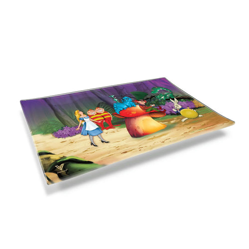 Alice mushroom print glass rolling tray, angled view – Online Smoke and Vape