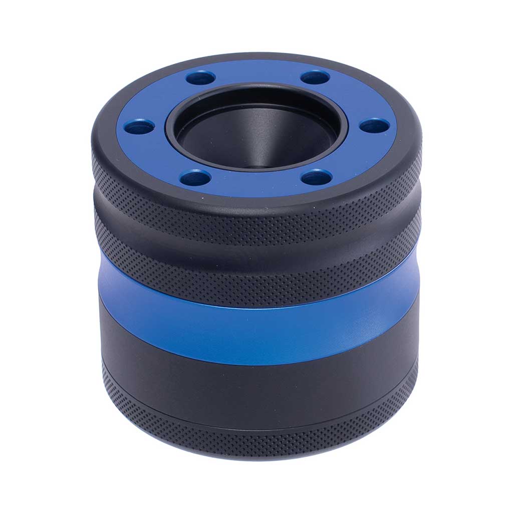 Blue aluminium grinder with cone holder and funnel – Online Smoke and Vape