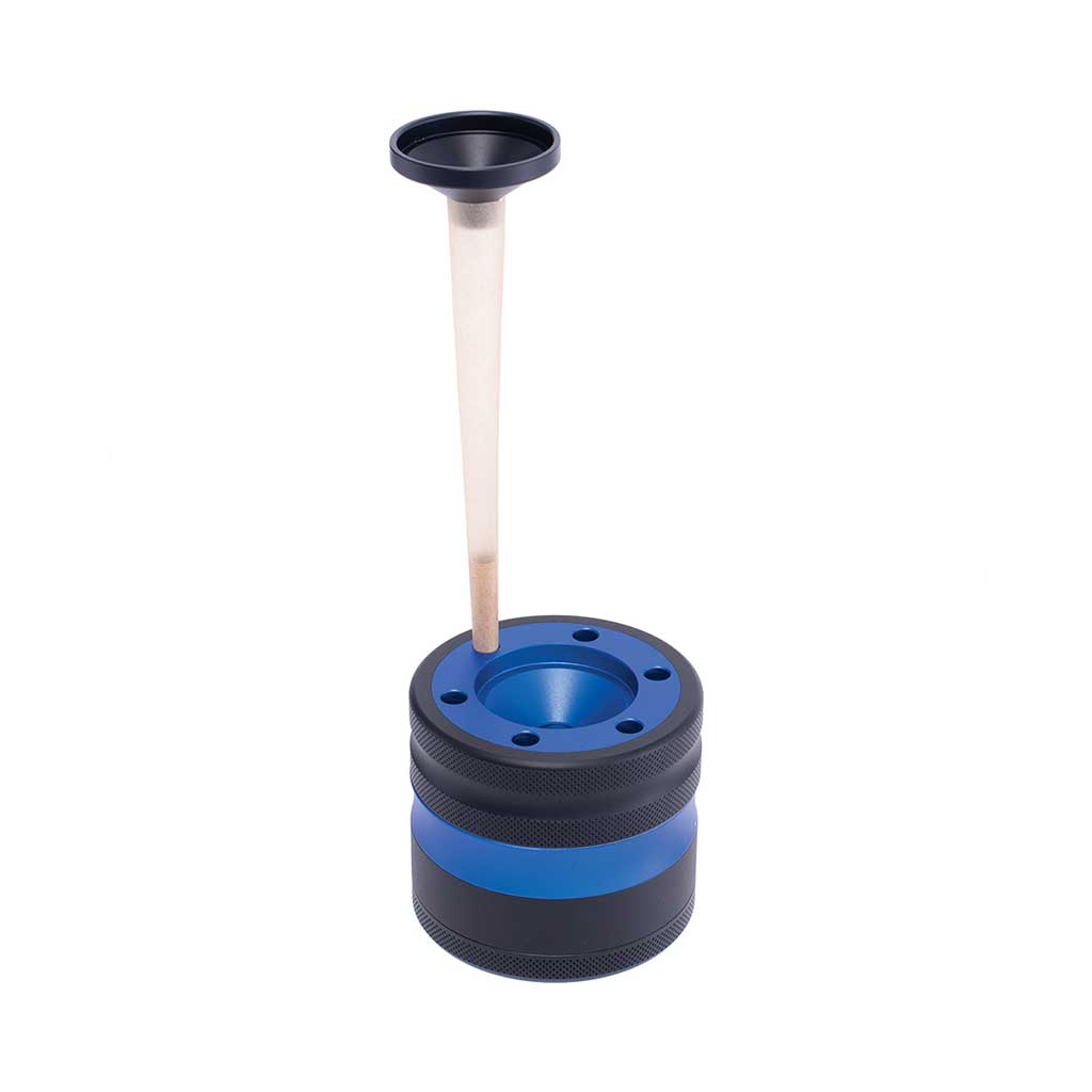 Blue aluminium grinder with cone holder and funnel, in use – Online Smoke and Vape