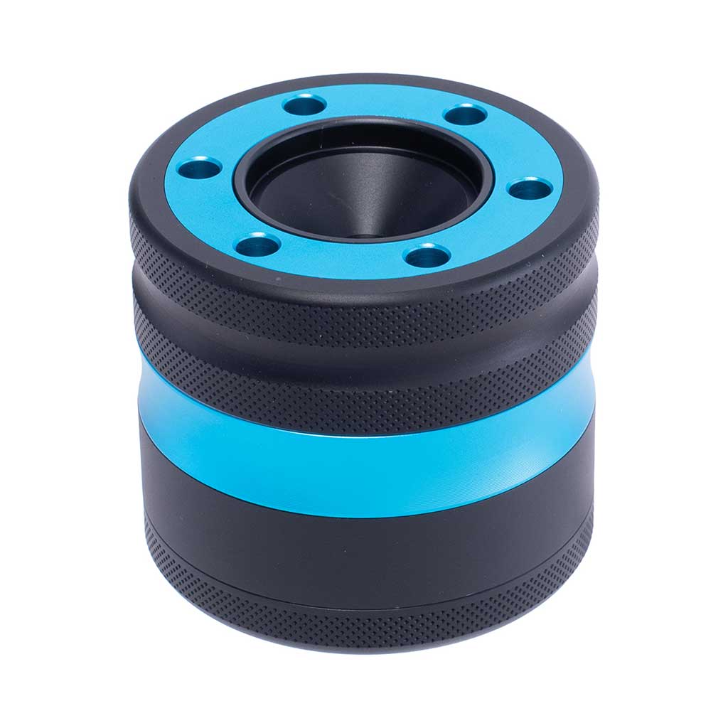 Light blue aluminium grinder with cone holder and funnel – Online Smoke and Vape