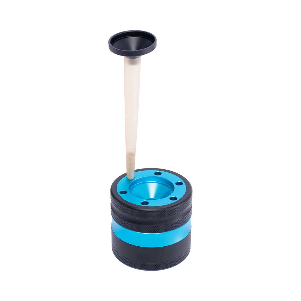 Light blue aluminium grinder with cone holder and funnel, in use – Online Smoke and Vape