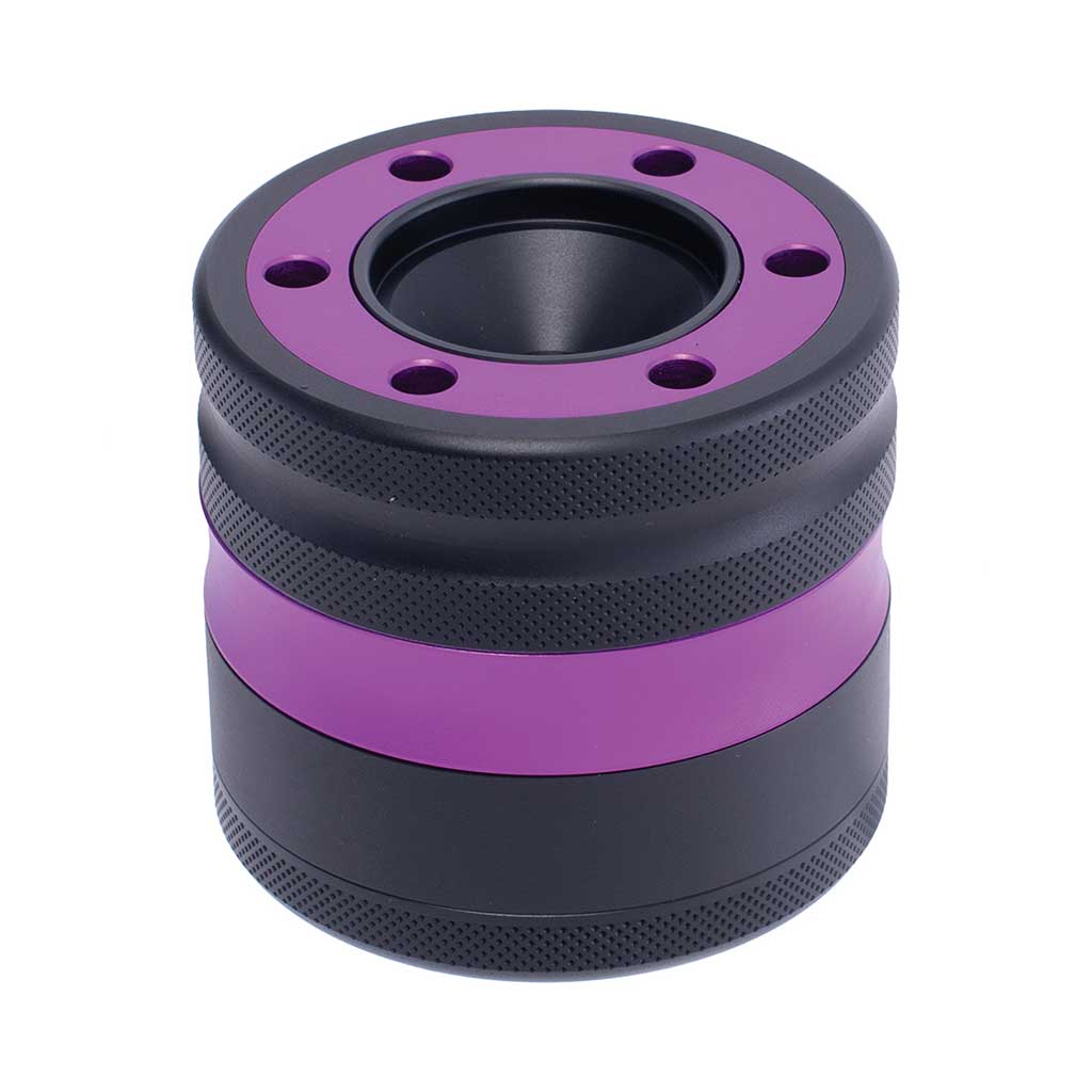 Purple aluminium grinder with cone holder and funnel – Online Smoke and Vape