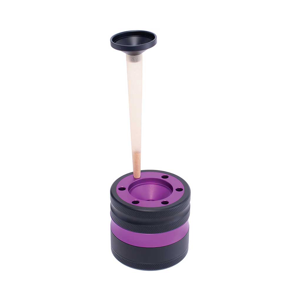 Purple aluminium grinder with cone holder and funnel, in use – Online Smoke and Vape