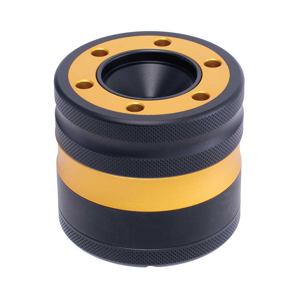 Yellow aluminium grinder with cone holder and funnel – Online Smoke and Vape