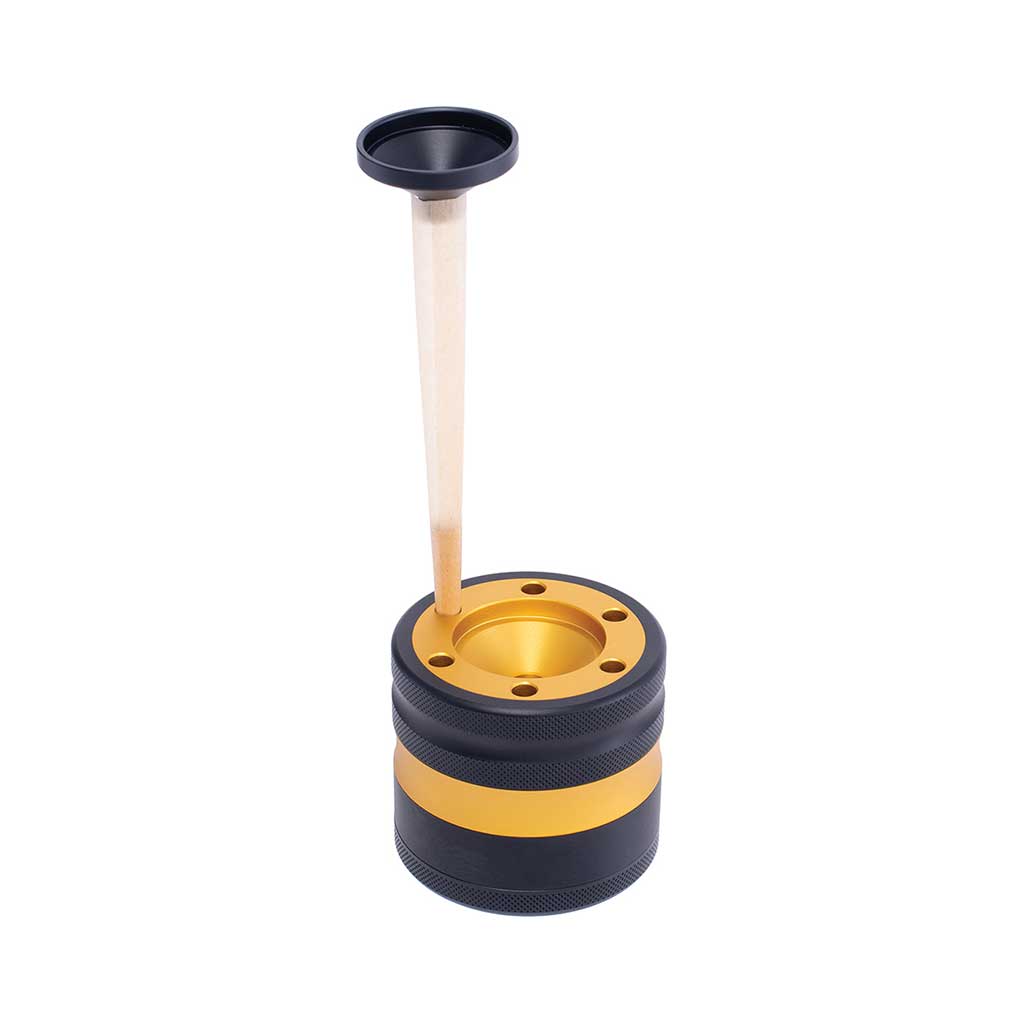 Yellow aluminium grinder with cone holder and funnel, in use – Online Smoke and Vape
