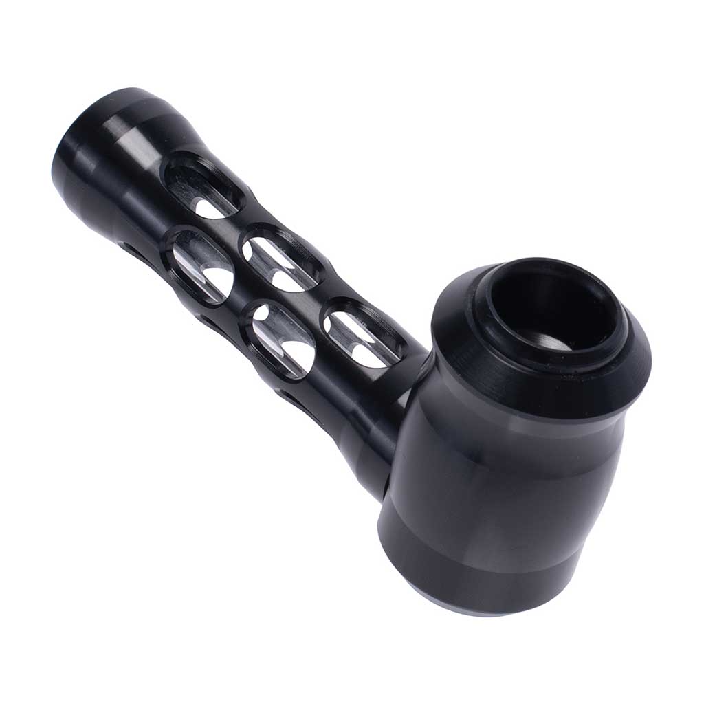 Black aluminum-and-glass perforated hand pipe, angle view – Online Smoke and Vape