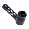 Black aluminum-and-glass perforated hand pipe, angle view – Online Smoke and Vape