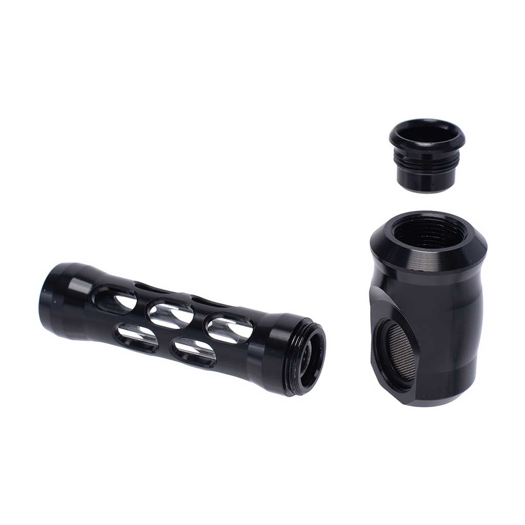 Black aluminum-and-glass perforated hand pipe, side view – Online Smoke and Vape