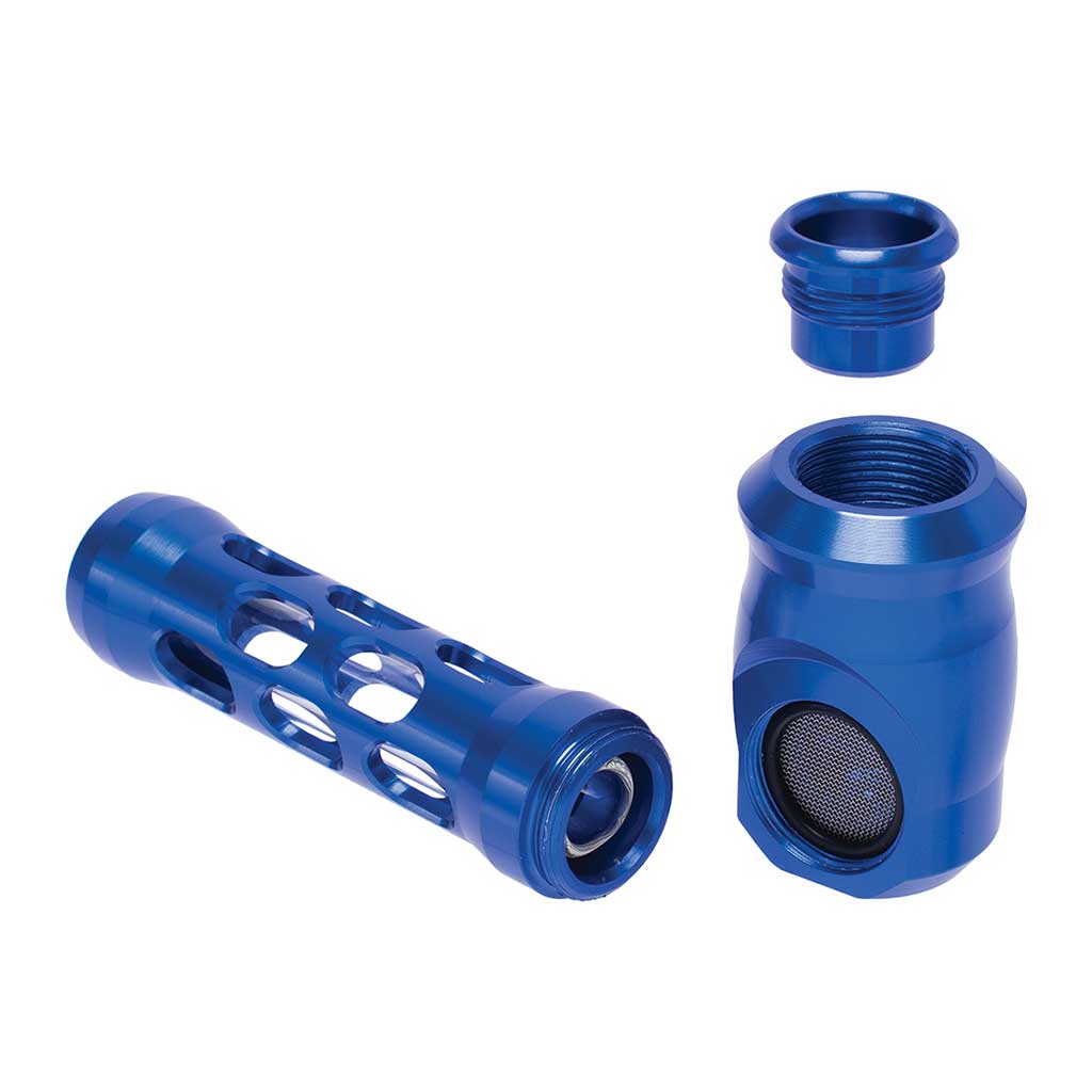 Blue aluminum-and-glass perforated hand pipe, angle view – Online Smoke and Vape
