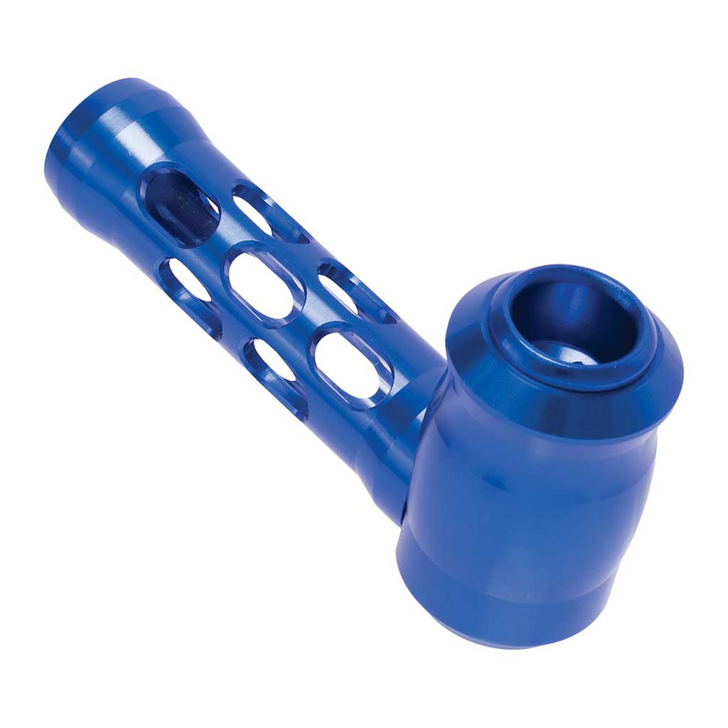 Blue aluminum-and-glass perforated hand pipe, side view – Online Smoke and Vape