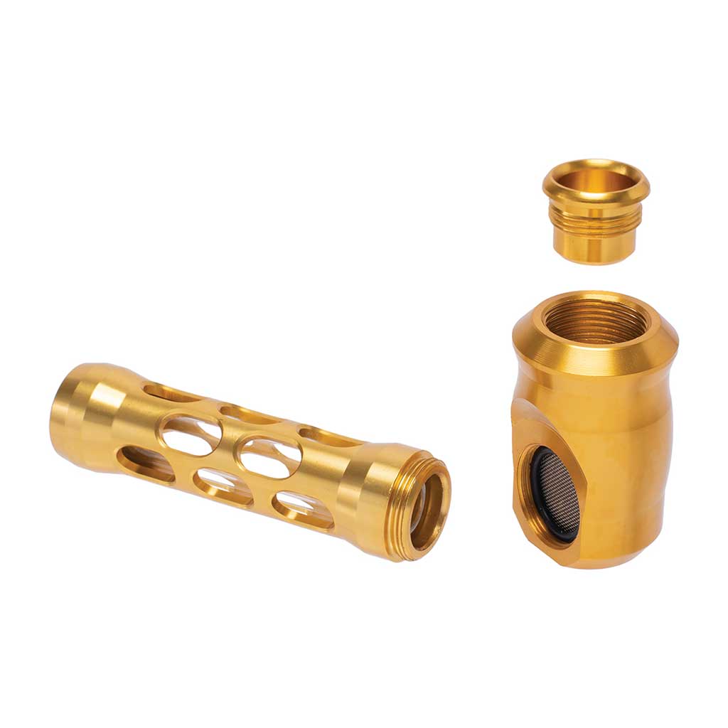 Gold aluminum-and-glass perforated hand pipe, angle view – Online Smoke and Vape