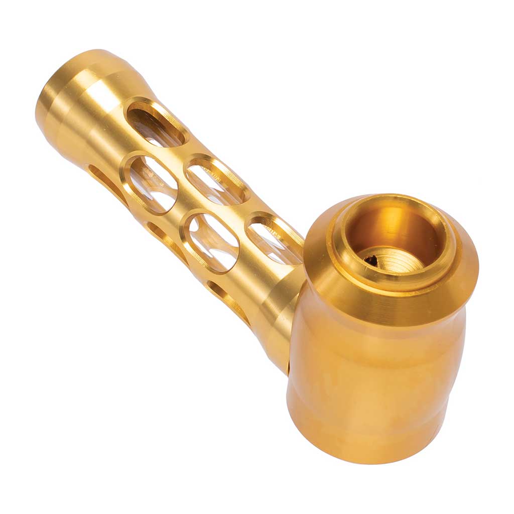 Gold aluminum-and-glass perforated hand pipe, side view – Online Smoke and Vape