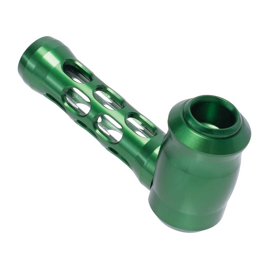 Green aluminum-and-glass perforated hand pipe, angle view – Online Smoke and Vape