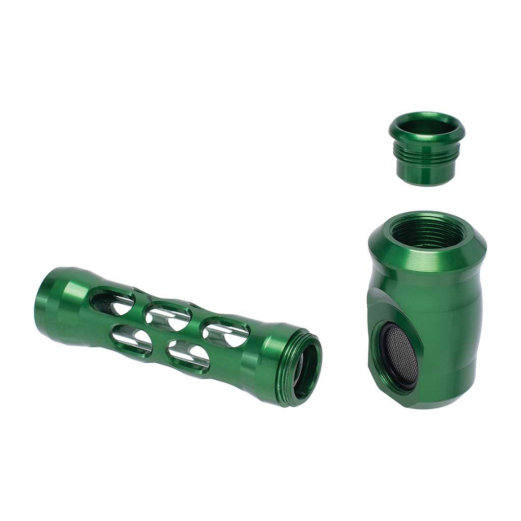 Green aluminum-and-glass perforated hand pipe, side view – Online Smoke and Vape