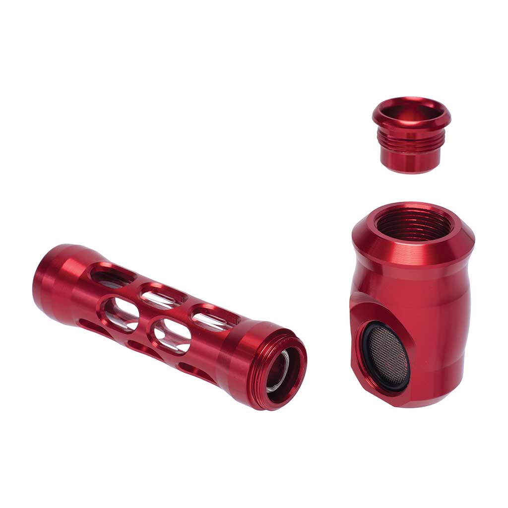 Red aluminum-and-glass perforated hand pipe, angle view – Online Smoke and Vape