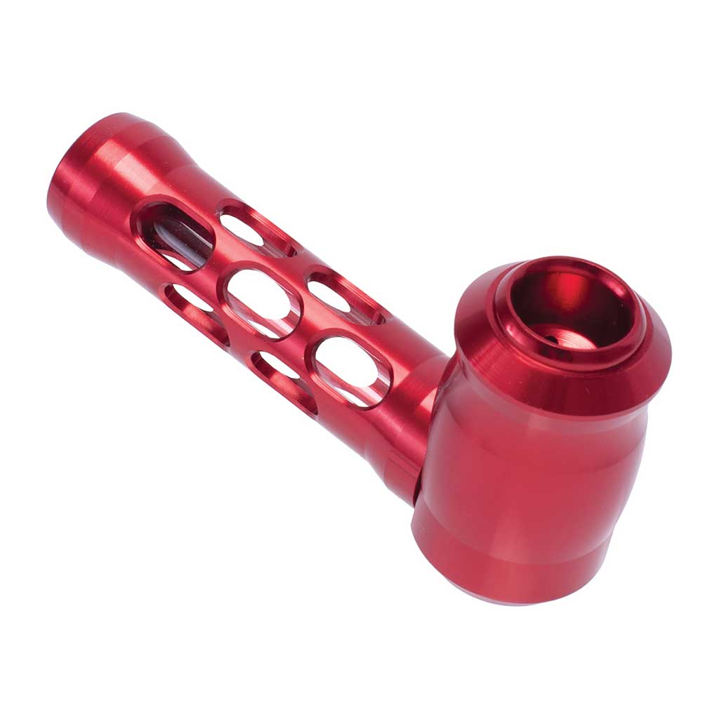 Red aluminum-and-glass perforated hand pipe, side view – Online Smoke and Vape