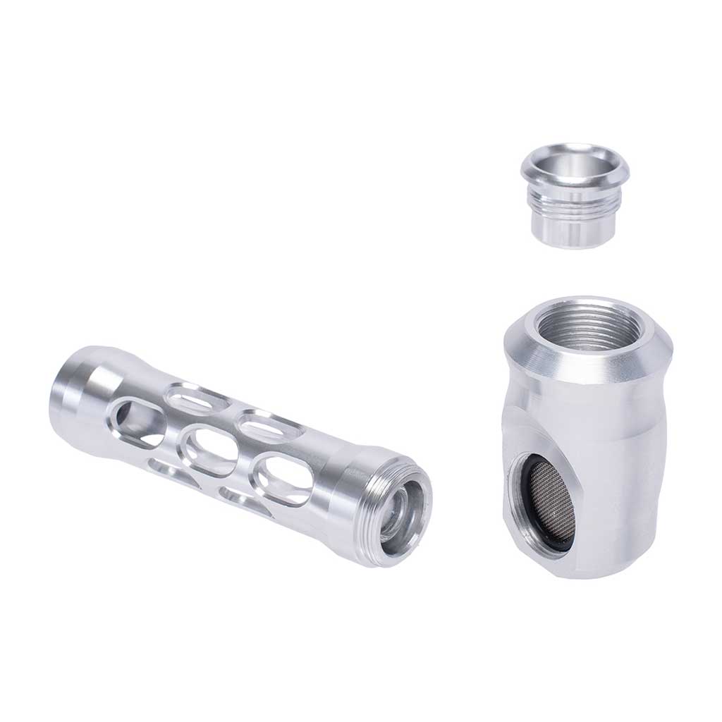 Silver aluminum-and-glass perforated hand pipe, angle view – Online Smoke and Vape