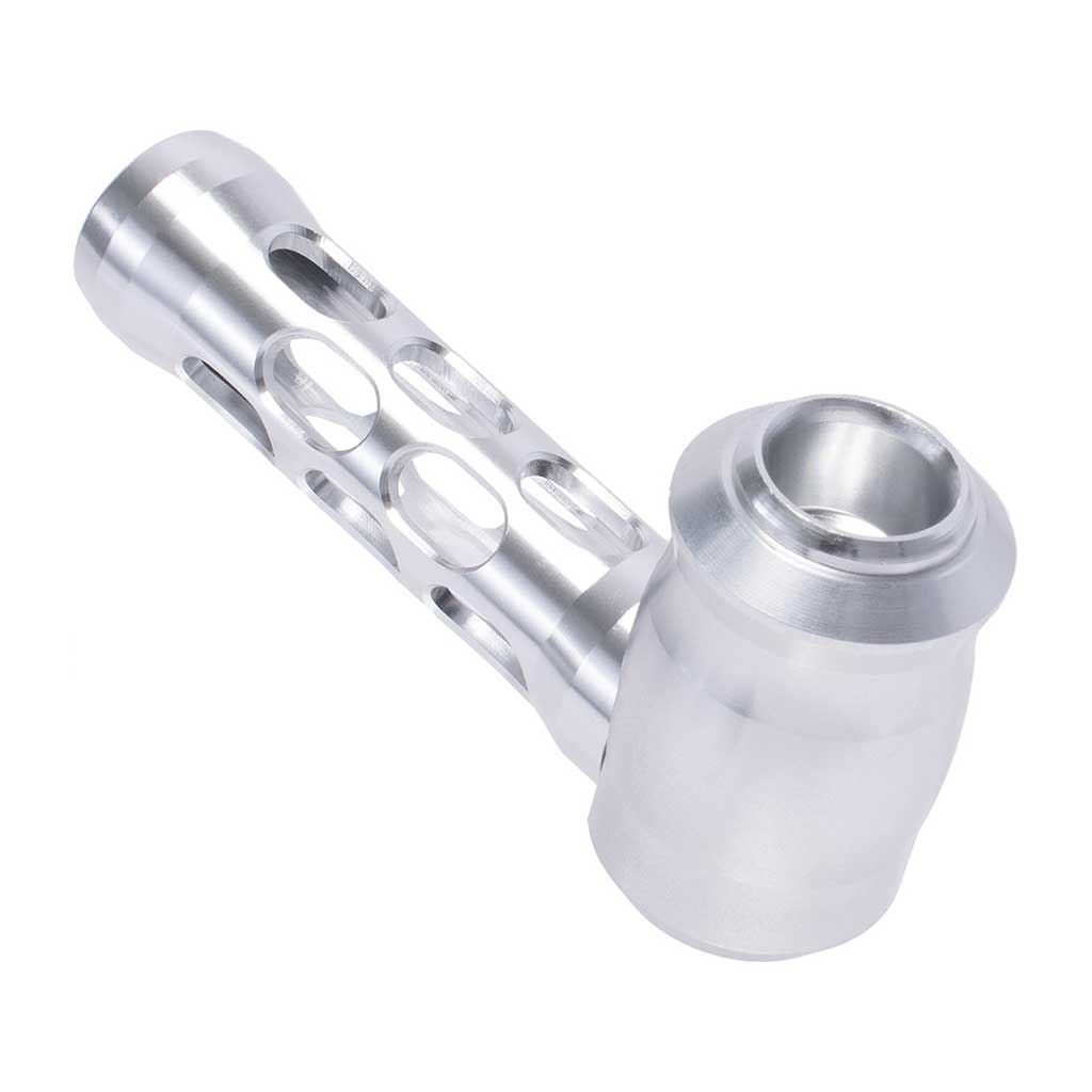 Silver aluminum-and-glass perforated hand pipe, side view – Online Smoke and Vape